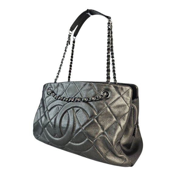 CHANEL Timeless CC Leather Chain Shopper Tote Bag Shoulder Metallic Grey Pewter - Picture 3 of 12